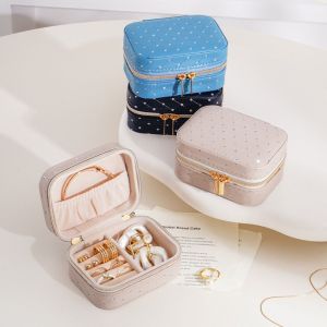 BAIXL Waterproof Pu Leather Jewelry Box Zipper Shiny Rhinestone Earrings Necklaces Organizer Creative Square Jewelry Storage Case Travel