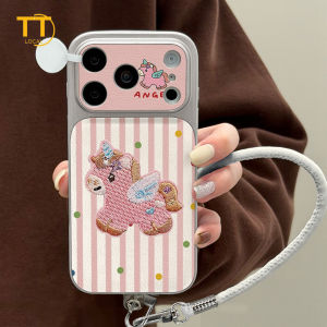 Tri-Town Luxury Leather Pink Horse Print Case For iPhone 17 16 15 11 12 13 14 Pro Max Hard Back Cover Skin Feel Casing with Phone Strap #EV95