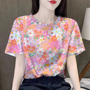 ผ้าฝ้ายและผ้าลินิน เสื้อลายดอก ลายดอกไม้สีพาสเทล เบาสบายสไตล์ลำลอง เสื้อเชิ้ตแขนสั้นสไตล์เกาหลี