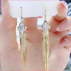 Fashionable Ring Gift 长款流苏几何水晶耳环气质女神大气高级感耳钩配饰洋气显脸瘦耳坠