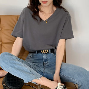 IELGY womens white V-neck short-sleeved T-shirt