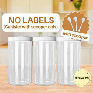 Hiraya Ph 3 Pcs Set 1000 ml Plastic Coffee Canister Clear White w/ Scooper & Waterproof Label Kitchen Container