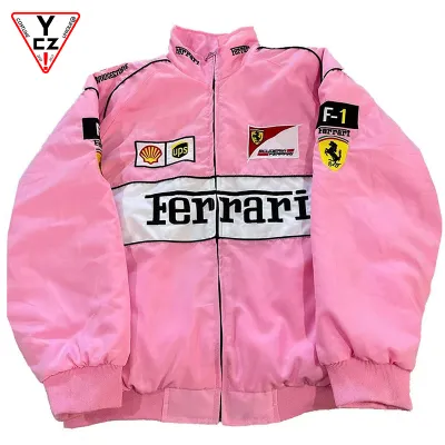 YCZ F1 Racing Jacket Embroidery Long Sleeve Retro Motorcycle F1 Ferrari Team Autumn Winter Clothes Cotton Embroidery Unisex Jacket Bomber Hip Hop Racing Jackets