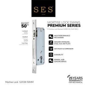 Body Kunci Pintu - Mortise Lock SES S2036 - 50mm SS Sus 304