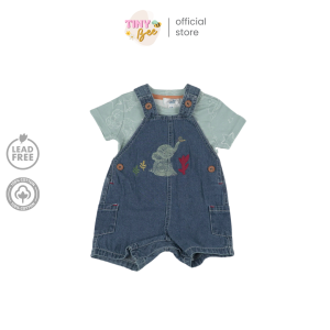 TinyBee เอี๊ยมยีนส์เด็กผู้ชาย เอี๊ยมขาสั้น ชุดเด็กแรกเกิด Elephant Baby Boy Overalls เสื้อผ้าฝ้าย Cotton 100% ปักลายช้าง อายุ 3-24 เดือน