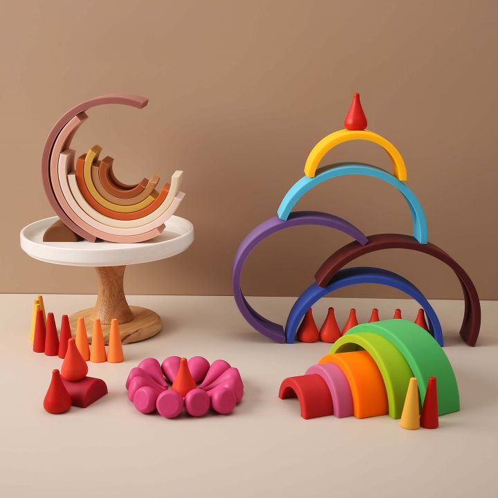 Let's Make 46PCS Set DIY 3D Wooden Toys Rainbow Building Blocks Rainbow ...