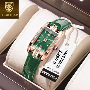 POEDAGAR ladies watch waterproof korean style leather square diamond dial simple temperament quartz casual watch green