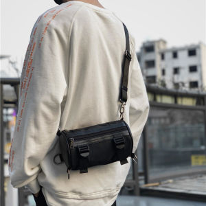 Men Bag Fashion Waterproof Nylon Cylinder Bag Messenger Small Mobile Phone Bag Sling Bag Black