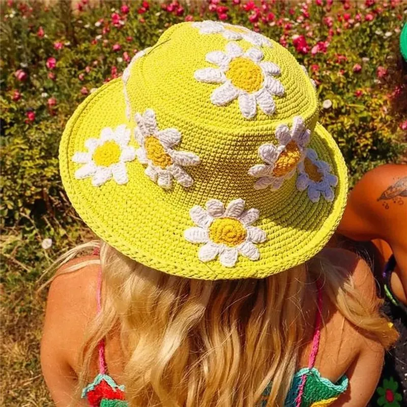 Gaono Women's Crochet Bucket Hat Handmade Floral Knitted Cap Fisherman Hat  Summer Trendy Outdoor Wide Brim Sun Cap Photo Props