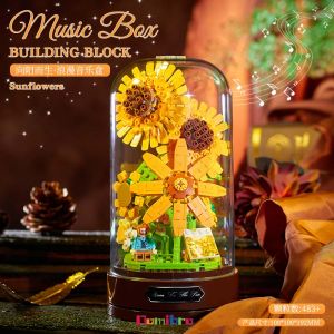 bonsai Flower Music Box Building Blocks Rose Flower Birthday Gifts Creative DIY Toys for Kids Decoration Table