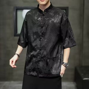 TAILOR เสื้อลายมังกร 2024 ฤดูร้อนบาง น้ำแข็งผ้าไหมเข้มมังกรพิมพ์เสื้อแขนสั้นผู้ชายสไตล์จีนถังกระดุมเสื้อสาธารณรัฐ