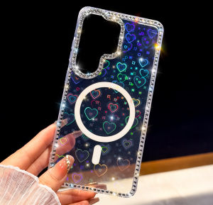 Diamond Laser Love Heart Transparent Glitter Case For Samsung S26 S25 S24 S23 Plus Ultra FE Luxury Magnetic For Magsafe Cover