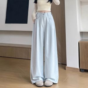 COD雾霾蓝奶芙西装阔腿裤女2026夏季高腰宽松冰丝拖地长裤夏休闲百搭2026新品