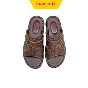 Dép Nam Da bò thật Quai ngang Đế cao 3cm  khâu quai liền đế