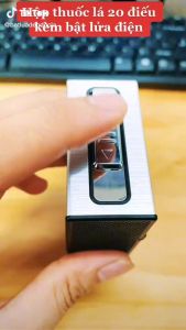 1 hộp đựng thuoc la 20 điếu kèm hộp quẹt cảm ứng vân tay sạc USB kiểu dáng sang trọng chống nuoc