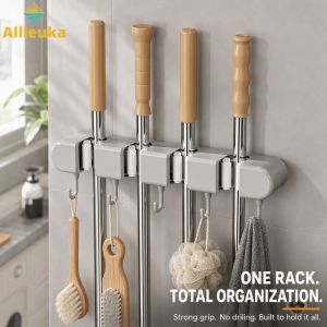 Allieuka Wall Mounted Mop Holder Broom Organizer Rack No Drill Adhesive 4 Clamps 5 Hooks Bathroom
