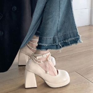 [Free Shipping] Spring New Collection Of High-Heeled Shoes For Petite Women: White Patent Leather Block Heels With Pearl Embellishments And A Round Toe