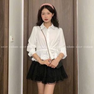 Áo sơ mi nữ A.732 Áo sơ mi cổ sen dài tay vạt nhún cách điệu chiết eo tôn dáng dễ phối đồ - Shop Chấm Bi