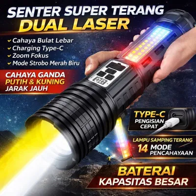 FASHION518 - Senter Zoom Super Terang S71 LED Laser Jarak Jauh USB Type C Rechargeable Dual Cahaya Putih Kuning Powerbank