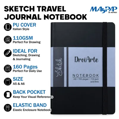 MayArt DroiArte Sketch NoteBook Journal with Elastic Band & Back Pocket 110gsm A5/A6