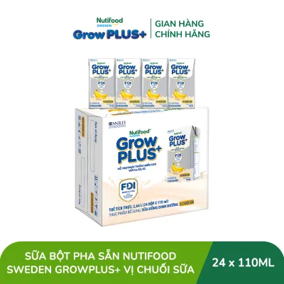 Thùng 24 hộp Sữa bột pha sẵn Nutifood Sweden GrowPLUS+ Vị Chuối Sữa hộp 110ml - Hỗ trợ phát triển chiều cao - (24 hộp x 110ml)