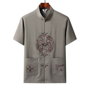 Chinese Style Embroidered Dragon Shirt Plus Size Tops Men CNY T-shirt Short Sleeve Blouse Chinese New Year Clothes Mens Traditional Costumes Tang Suit SamFu 龙 唐装 汉服 古装