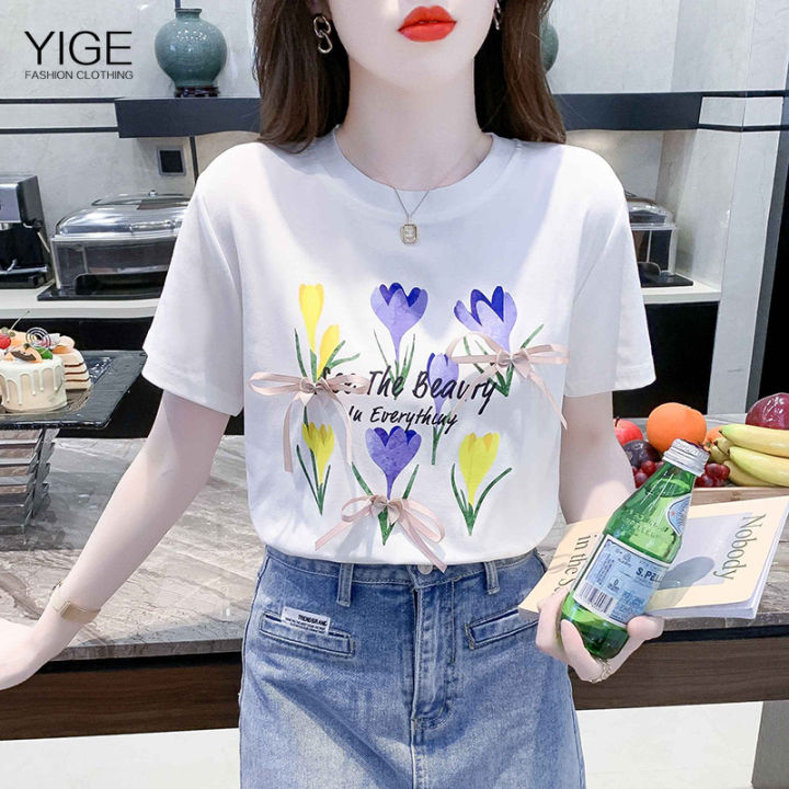 YIGE เวอร์ชั่นเกาหลีของใหม่ผ้าฝ้ายสีขาวด้านบน2022ฤดูร้อนแขนสั้นคอกลม ...