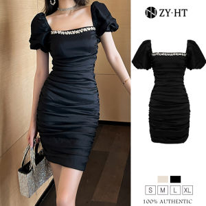 ZYHT eravogue chân váy trắng công chúa màu đen đầm nữ đầm body cổ áo vuông thiết kế xếp li đầm dự tiệc 9521