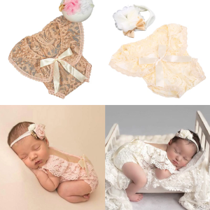 2 Pcs 0-1Month Newborn Photography Props Baby Cute Headband Lace Romper with Ribbon Bows Set Flower Hair Band Headdress