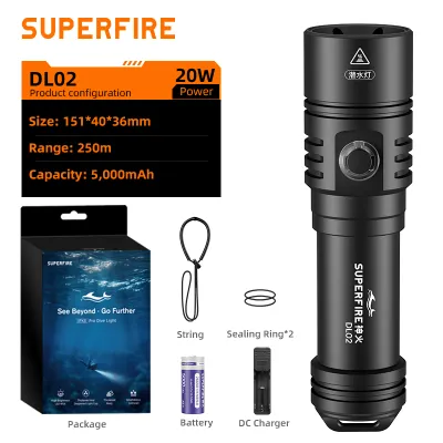 SUPERFIRE DL01 15W Diving Flashlight IPX8 Deep Waterproof Professional LED Flashlight 100M Underwater Diving Super Bright 1400lm 21700 Battery Dive Torch