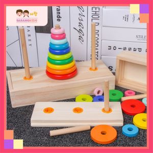 Kids Wooden Early Learning Educational Rainbow Stacking Tower of Hanoi Block Storage Box Toys Set (BIG)