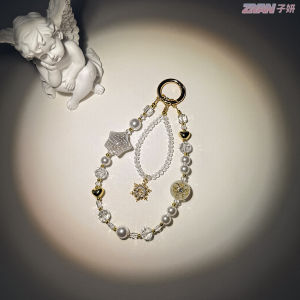 Light luxury oil painting pentagram bead alloy snowflake crystal keychain pendant double-layer pearl mobile phone chain
