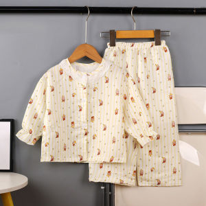AILEBE 【Local Stock】 Kids Pajamas Set Cloud Cotton Top Straight Leg Pants Two Piece Set Lace Collar Straightened Cuffs Cute Colors Fresh And Elegant