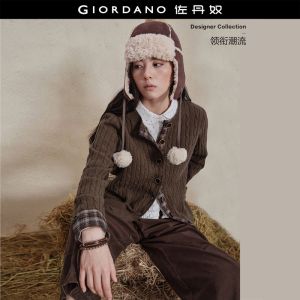 GIORDANO Women Cardigans Contrast Plaid Trim Cable Knit Cardigans Crewneck Fashionable Casual Relaxed Cardigans 18356916