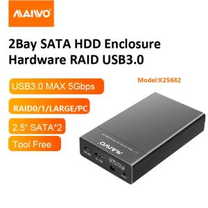 MAIWO SSD Casing 2Bay HDD  Enclosure RAID USB3.0 5Gbps to SATA SSD 2.5inch External RAID Storage with Hardware RAID0 1 JBOD LARGE function Black color Plastic Toolfree