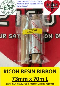 [1 roll] Ricoh Resin Ribbon 73mm x 70m Premium Thermal Transfer Ribbon 73x70 RC B110CR Japan Brand TTR 21SOS High Quality for Barcode Printer Label Sticker Print Half Inch Core Inked Side Face Wound Out ISO Quality Proven Carbon Ribbon  高级树脂基碳带