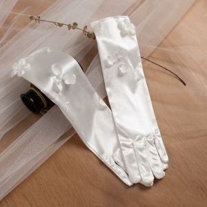 GOLDVAULT Eblow Length Bride Gloves Lace Satin Wedding Party Long Finger Gloves Elegant White Lace Wedding Gloves