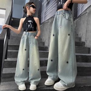 Girls Pants American Style Rhinestone Denim Jeans Loose Straight Pants Casual Shiny Wide-leg Sports Long Pants