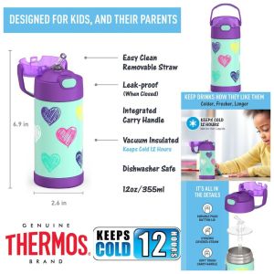 Thermos Funtainer 12 Ounce Stainless Steel Vacuum Insulated Straw Kids Water Bottle Hearts