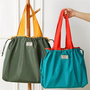 JS SHOP Large Capacity Reusable Drawstring Bag Nylon Foldable Grocery Bag Collapsible Shopping Bag Eco Large Polyester Beach Bag Totes