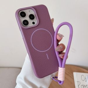 With Phone Lanyard Candy Color Leather Magnetic Case For iPhone 11 15 17 Pro Max 16 14 13 12 Pro Max XR X XS Max Charms Straps Shockproof Back Cover