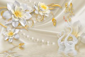 Tranh hoa lá và đôi thiên nga trang trí phòng ngủ phòng khách VTC 1593663415842 dán tường nhiều mẫu và kích thước