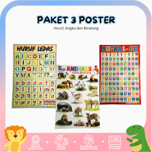 Paket 3 Poster Dinding Edukasi Anak Belajar Mengenal Binatang Angka dan Abjad ABC