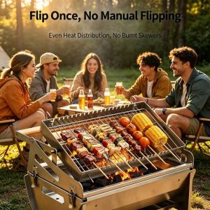 DJRGS Folding 360° Rotating Steel Grill Removable Barbecue Net Wood Handle Portable Flip Charcoal Grill Heavy Duty Rust‑Proof Small Barbecue Grill Camping