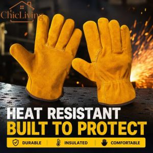 ChicLiving Split Cowhide Suede Leather Welding Gloves Heat Proof Non Slip Abrasion Proof For Work