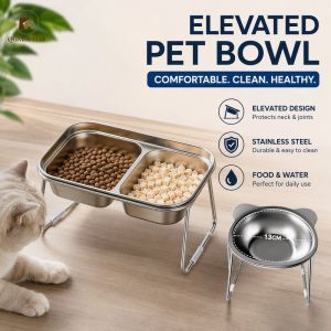Elevated Stainless Steel Pet Bowl Set 15° Tilt Dual Bowl Non Slip Cervical Protection Cats Dogs