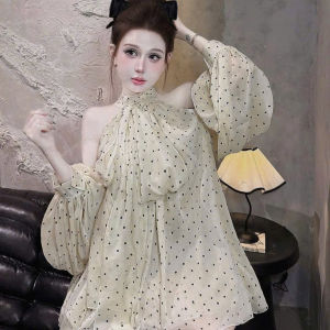 QC_ đầm cổ yếm tay phồng dự tiệc outfit nàng thơ đầm vintage nhẹ nhàng dáng ngắn form babydoll Tơ chấm bi cổ cao nơ tay phồng có lót quần rời