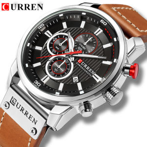 CURREN 2021 New Mens Watches Waterproof Quartz Chronograph Wristwatches  Leather Strap Sports Watches with Luminous Date Display for Men（8291）