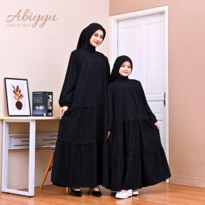 Abiyyuco TA9070 | Gamis Couple Ibu dan Anak Perempuan Hitam Putih Tulang Model Rempel dengan Renda Keliling