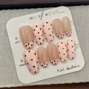 Light Pink Polka Dot Press On Nails Long Almond Handmade Fake Nails Nude French Tip Glossy Reusable False Nails